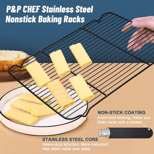 Miniatura 3 de P&P CHEF Paquete de 2 estantes de enfriamiento para hornear, de acero inoxidable, para cocinar, hornear, asar, secar, alambres densos y borde liso