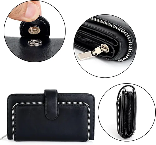 Miniatura 4 de UTO Cartera de cuero vegano para mujer, cartera larga con broche de presión, tarjetero de crédito, elegante embrague