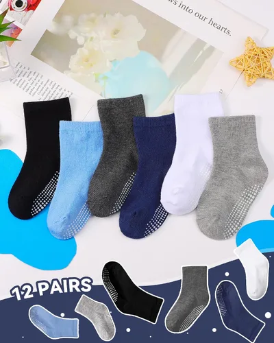 Miniatura 6 de BOOPH Calcetines antideslizantes para bebés, niños y niñas, con agarres, 12 pares