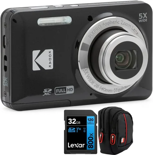 Kodak PIXPRO - Cámara digital FZ55, paquete negro con tarjeta de memoria Lexar de 32 GB de alto rendimiento 800x UHS-I SDHC + funda de cámara Deco