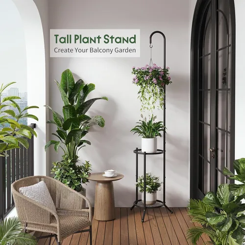 Miniatura 2 de Soporte de metal de 2 niveles para plantas colgantes para interiores y exteriores, estantes de hierro que ahorran espacio, estante de exhibición