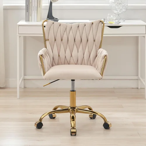 Miniatura 9 de ABET Silla de Escritorio de Terciopelo con Ruedas, Bonita Silla de Oficina Giratoria Tapizada, Moderno Sillón Rodante Dorado Tejido a Mano con Beige