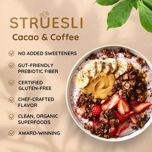 Miniatura 5 de Struesli Cacao + Café Orgánica Granola, Sin Granos y Sin Gluten, Bocadillos Saludables con Cacao, Café, Frutos de Chufa, Nueces Pecanas, Nueces
