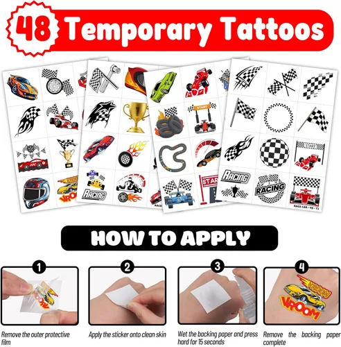 Miniatura 5 de 72 piezas de recuerdos de fiesta de autos de carreras para niños, suministros de fiesta temática de automóviles con 48 tatuajes temporales