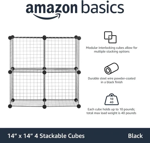 Miniatura 4 de Amazon Basics Organizador de almacenamiento de 4 cubos, armario y estantes de rejilla de alambre, apilable, negro de 14 x 14 x 14 pulgadas