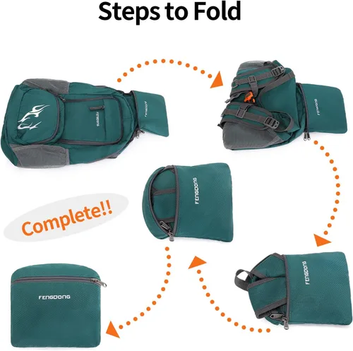 Miniatura 3 de FENGDONG mochila ligera plegable impermeable de 35L, mochila de senderismo pequeña para viajes, para hombres y mujeres A9-verde oscuro