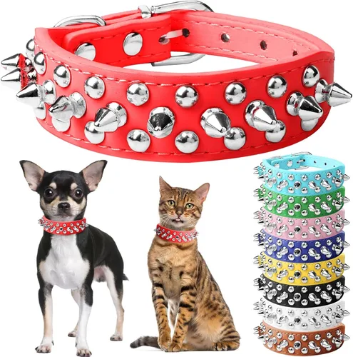 Collar de perro y gato rojo con púas pequeñas para perros pequeños y medianos machos hembras – Collar ajustable con tachuelas – Collar de perro de