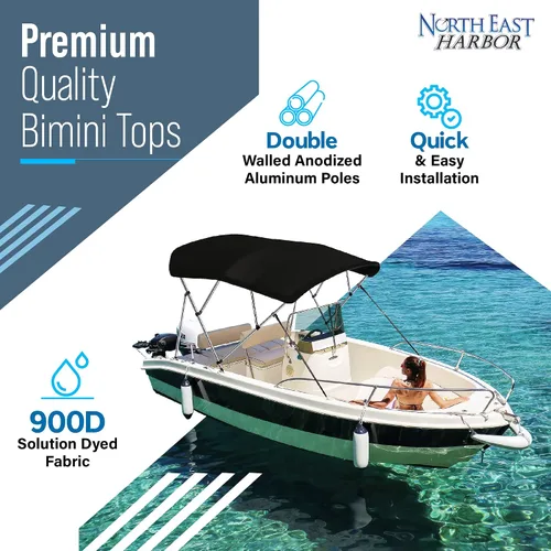 Miniatura 2 de Bimini Tops de 4 lazos para barcos, a prueba de decoloración, postes de soporte, botas de almacenamiento, lona marina 900D, toldo para barco, Negro