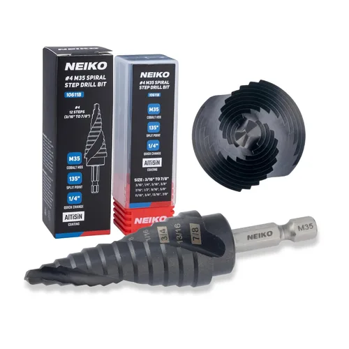 Miniatura 38 de NEIKO 10602B Step Drill Bit, 13 Steps 1/8" to 1/2" Spiral M35 Cobalt, AlTiSiN Coated, 1/4" Quick Change Step Bits for Steel, Metal, Wood, Plastic