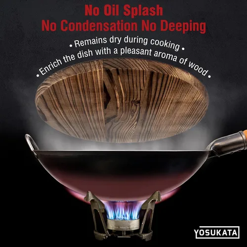 Miniatura 6 de YOSUKATA Wok de fondo redondo plateado de 14 pulgadas + cubierta de wok premium de 14 pulgadas + palillos de cocina largos reutilizables de madera