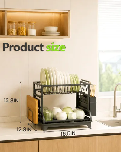 Miniatura 5 de Escurridor de platos plegable de 2 niveles con bandeja, organizador de cocina de gran capacidad en acero inoxidable con soporte para tazas
