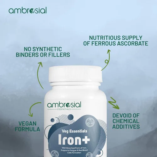Miniatura 6 de Ambrosial Tabletas de hierro de 25 mg Suplemento de hierro para mujeres y hombres Apoya la formación de glóbulos rojos Pastillas de hierro