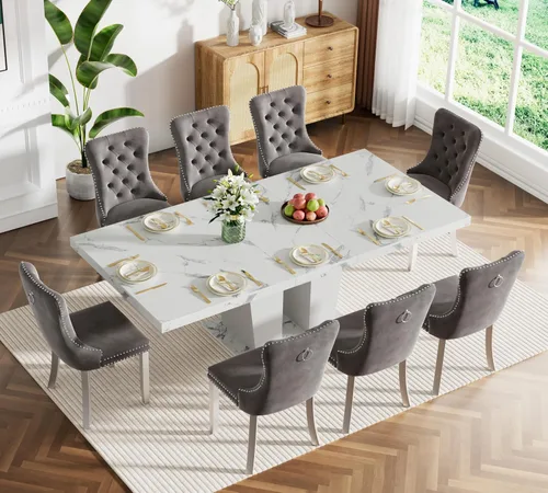 Miniatura 104 de Juego de mesa de comedor extensible de 5 piezas, juego de mesa de comedor extensible de estilo granja para 4, mesa de cocina expandible de madera