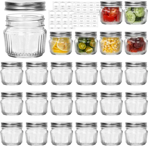 Miniatura 7 de Frascos de vidrio Mason de boca regular, tarros Mason mini de 4 oz, paquete de 8 frascos de vidrio transparente con tapas de plástico coloridas