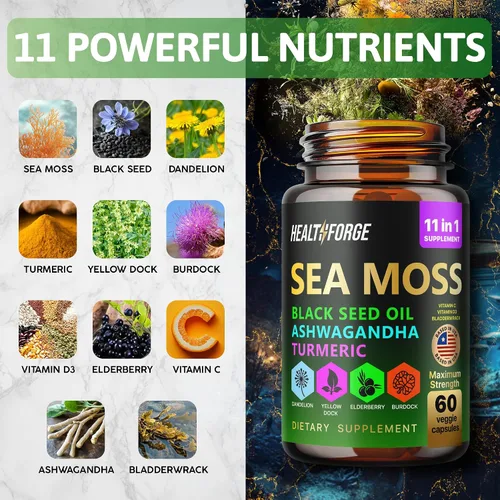 Miniatura 3 de Cápsulas de musgo marino irlandés Organic Seamoss 3000 mg Cápsulas de aceite de semilla negra 2000 mg Ashwagandha Suplementos 1000 mg de cúrcuma