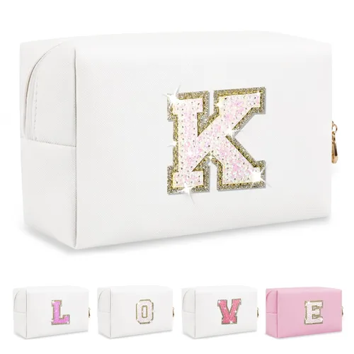 Miniatura 69 de Pequeña bolsa de maquillaje personalizada con inicial A-Z Preppy Patch, bolsa de cosméticos de viaje de felpilla blanca con cremallera, bonita bolsa