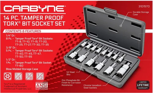 Miniatura 3 de CARBYNE Juego de dados Torx a prueba de manipulaciones de 14 piezas, Torx de seguridad TT8 a TT60, brocas de acero S2, enchufes CrV, 1/4 pulgadas.