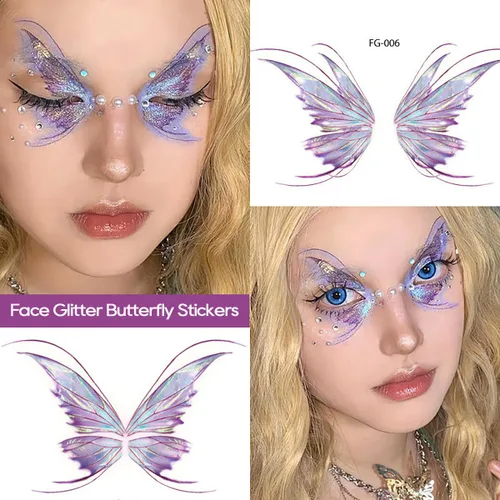 Miniatura 3 de 14 hojas de tatuajes temporales de mariposa con purpurina para decoración de maquillaje de ojos, rostros, calcomanías de tatuaje de arte corporal
