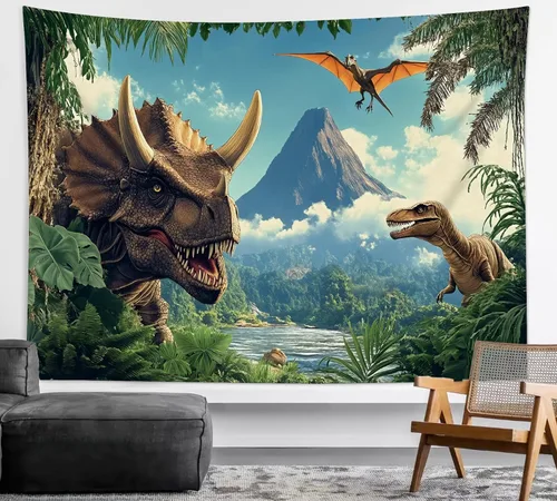 Miniatura 13 de HVEST Tapiz de dinosaurio salvaje y antiguo depredador para colgar en la pared, bosque tropical con árboles verdes y montañas, tapices de pared