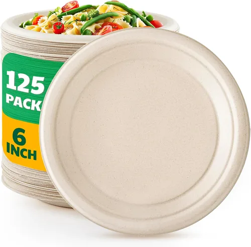 Biodegradable Bagasse - 125 platos de papel compostables, platos desechables resistentes de 6 pulgadas, platos de postre a granel para fiestas,