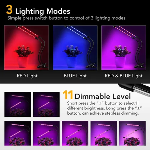 Miniatura 4 de iPower - Lámpara LED de crecimiento con espectro completo para plantas de interior, cuello de cisne ajustable, 2/3 modos de luz y 5/10 niveles rojo