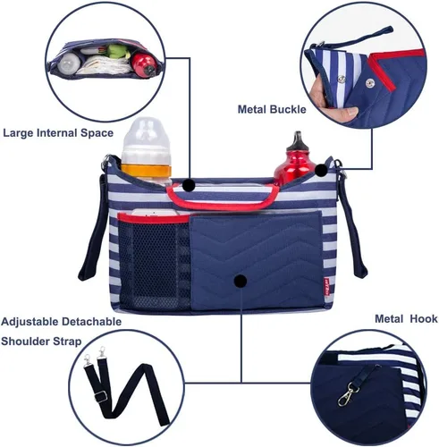 Miniatura 5 de Organizador de cochecito de bebé 2 en 1, bolsa de almacenamiento de silla de paseo para niños, bolsa de almacenamiento multifunción para niños