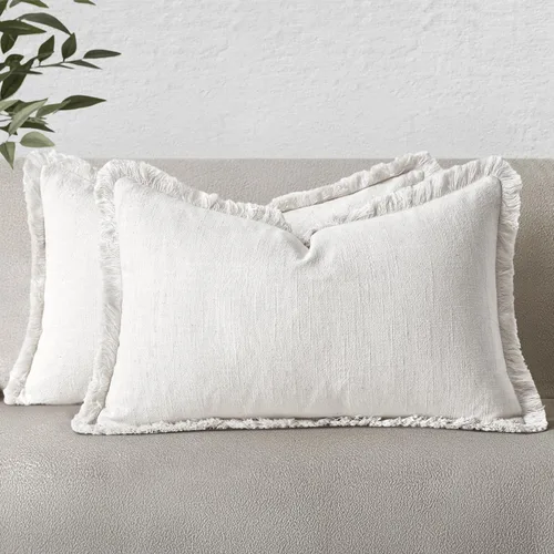 Miniatura 51 de MIULEE Juego de 2 fundas de almohada decorativas de lino neutro con flecos, fundas de cojín de estilo bohemio con borlas para sofá, cama, sala