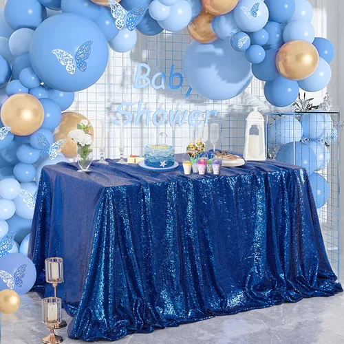 Miniatura 4 de Mantel de lentejuelas azul con purpurina para cumpleaños, mantel brillante y brillante para mesa rectangular de 90 x 90 pulgadas, manteles de Azul