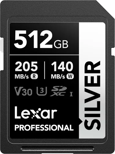Lexar Tarjeta SD plateada de 512 GB, tarjeta SDXC UHS-I de hasta 205 MB/s, lectura de 140 MB/s, escritura V30, video 4K UHD, U3, clase 10, tarjeta