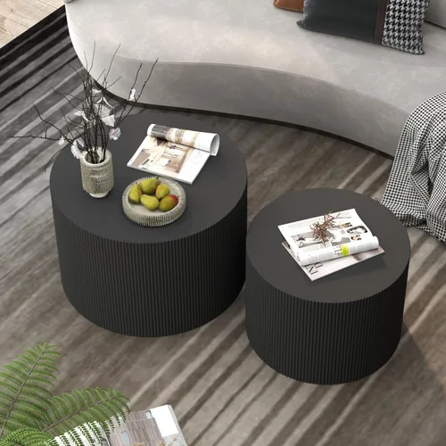 Miniatura 6 de Juego de 2 mesas de café redondas negras, mesas de centro modernas de madera anidables para sala de estar, juego de mesas auxiliares circulares sin