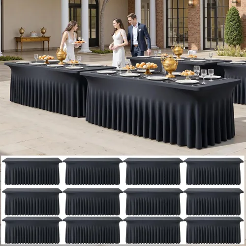 Miniatura 24 de Paquete de 2 manteles de elastano azul bebé de 6 pies con falda de mesa con volantes, manteles ajustables elásticos sin arrugas para mesas
