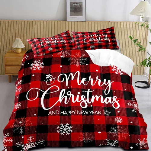Miniatura 9 de LUVIVIHOME Juego de edredón de 2 piezas de oso de Navidad, tamaño individual, copos de nieve blancos, rojo y negro, a cuadros, ropa de cama