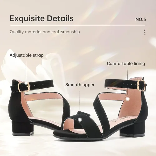 Miniatura 6 de Sandalias para niñas con tacón para niños con punta abierta y correa de tobillo, zapatos de vestir con flores para bodas y fiestas para niños