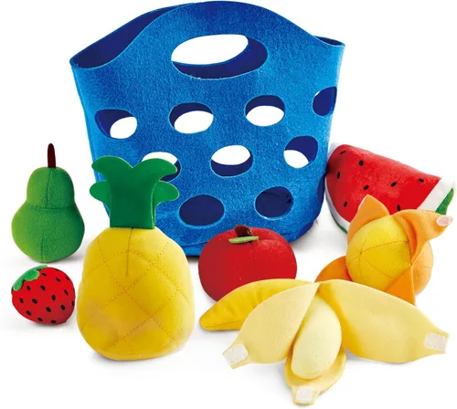 Hape Cesta de frutas para niños pequeños | Juego de comida suave para niños, cesta de juguete de frutas incluye plátano, manzana, piña, naranja y más