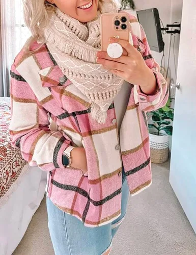 Miniatura 16 de Tanming - Chaquetas de franela cepillada para mujer, a cuadros, con botones, solapas y bolsillos, camisa tipo chaqueta