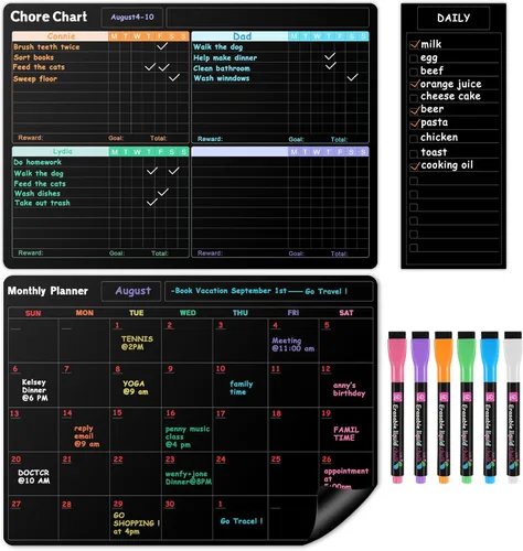 Miniatura 9 de Juego de calendario de pizarra blanca negra para nevera (paquete de 3), 1 tabla magnética de tareas y 1 planificador semanal para refrigerador, 1