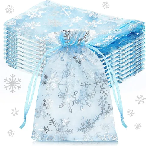 Miniatura 9 de Roowest 100 bolsas de regalo de organza con copos de nieve de 4 x 6 pulgadas, pequeñas bolsas de malla para joyas, mini cordón para dulces, bolsas