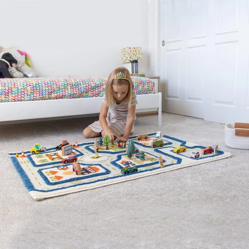 Miniatura 3 de IVI Alfombra de juego gruesa 3D para niños con diseño de ciudad colorida con campo de fútbol, estacionamiento y carreteras, azul, 32 x 45 pulgadas