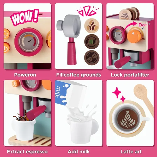 Miniatura 4 de GAGAKU Máquina de café de madera para niños pequeños, juguetes de aprendizaje Montessori para niñas y niños de 3, 4, 5 años, accesorios de cocina