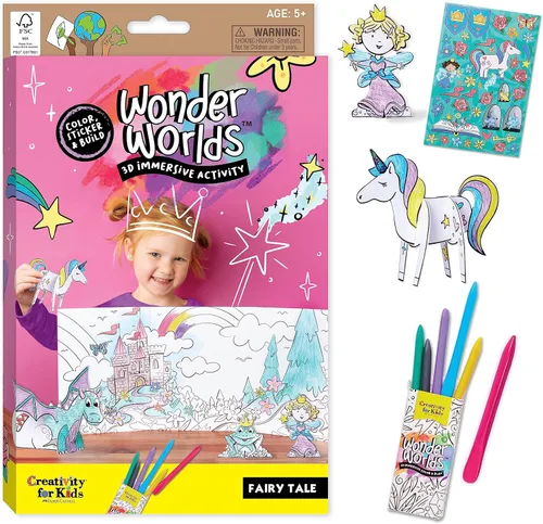 Creativity for Kids Wonder Worlds - Libro para colorear en 3D: cuento de hadas, juego de arte para colorear de unicornio y princesa, regalos para