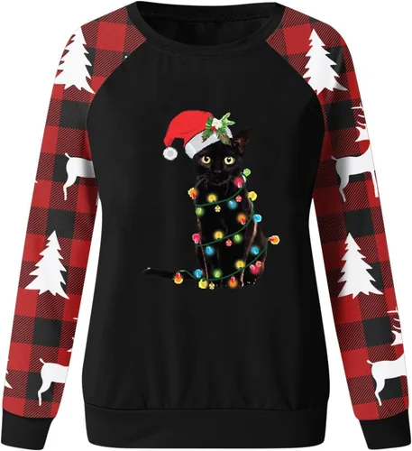 Miniatura 5 de Lmzaren Suéter casual de invierno para mujer, estampado navideño, cuello redondo, ajustado, sudaderas de moda, suéteres cómodos