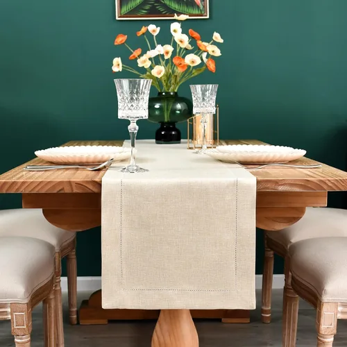 Miniatura 3 de NEWISHER Camino de mesa rústico de lino sintético con borde de vainica, decoración de mesa rectangular beige sólido para comedor, mesa auxiliar
