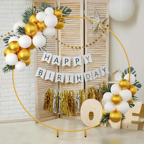 Miniatura 7 de Bezente Soporte de fondo redondo de 7.2 pies, soporte de arco de globo de metal dorado, marco de fondo de círculo de arco de boda estable