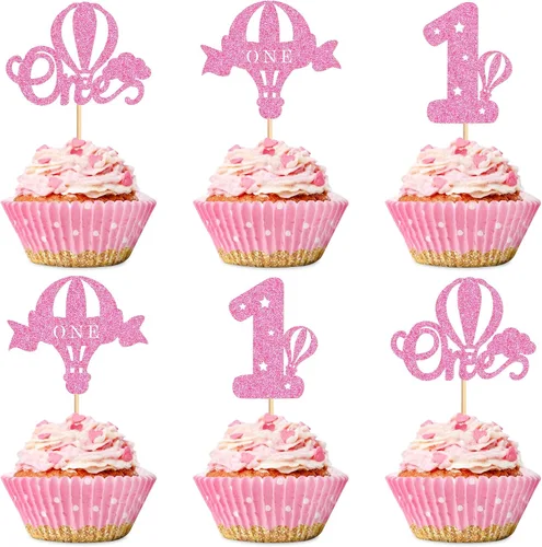 Ercadio Paquete de 24 globos aerostáticos para cupcakes, globos con purpurina rosa, un globo para magdalenas, 1ª selección de cupcakes para globos