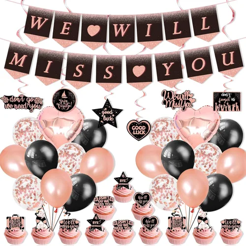 Decoraciones de fiesta de despedida de oro rosa, pancarta de We Will Miss You, decoraciones de fiesta de despedida para compañeros de trabajo,