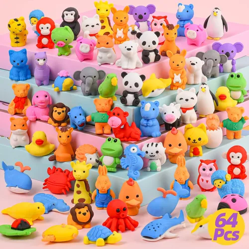 Kaemi 64 borradores de animales – Juguetes de borrar rompecabezas 3D a granel para niños, juguetes desmontables para recuerdos de fiesta y juegos de