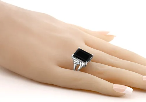 Miniatura 3 de Gem Stone King Anillo de compromiso de mujer de plata de ley 925 con ónix negro y zafiro blanco 739 quilates de piedras preciosas de corte esmeralda