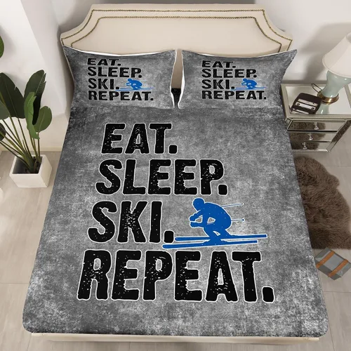 Miniatura 10 de Juego de ropa de cama de esquí, tamaño individual, con dibujos animados, esquí, esquí, snowboard, sábana bajera ajustable de 2 piezas con estampado