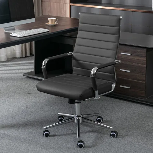 Miniatura 7 de Okeysen Sillas de sala de conferencias negras, silla ergonómica moderna de escritorio de piel sintética acanalada para oficina, silla giratoria