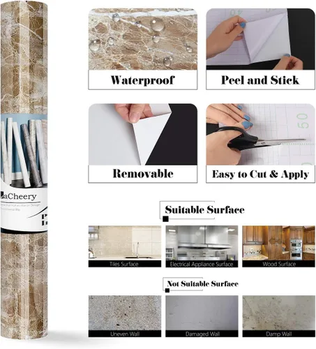 Miniatura 7 de LACHEERY Papel de contacto de mármol marrón de 15.8 x 80 pulgadas, papel tapiz de mármol para encimeras de cocina, baño, armarios, estantes